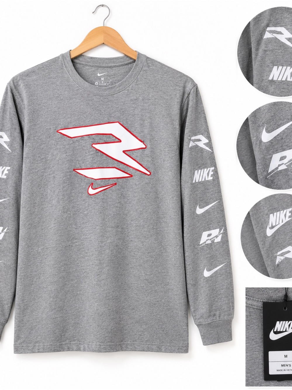 Nike Gray Long Sleeve Logo Tee with Red Accents , boys medium size